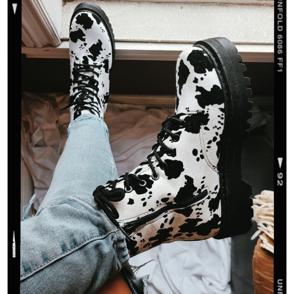 Cow Print Combat Boots - Picture 3 of 4